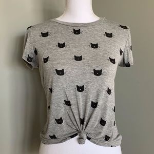 NEW S/M Soft Gray Kitty Cat Crop Tie Knot T-Shirt